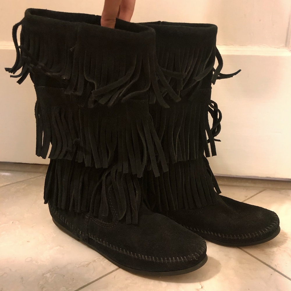 Minnetonka Black Triple Fringe Suede Boot - Picture 5 of 5